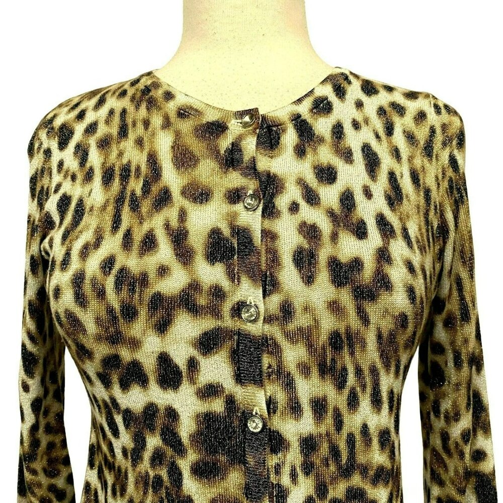 Joseph A.  Metallic Leopard Print Button Front Cardi Long Sleeve Sweater Sz M - Picture 2 of 7